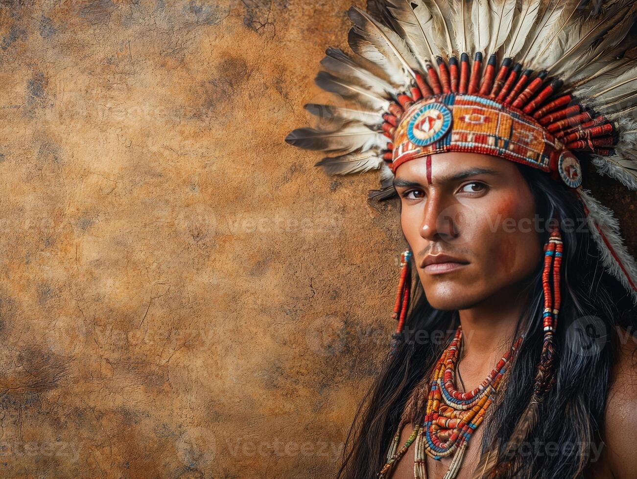 Portrait of a Native American man wearing traditional attire and headdress against a textured background. photo