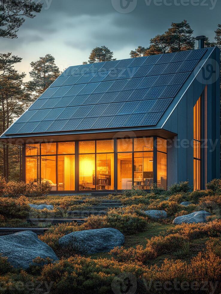Modern house with solar panels surrounded by nature at sunset. photo