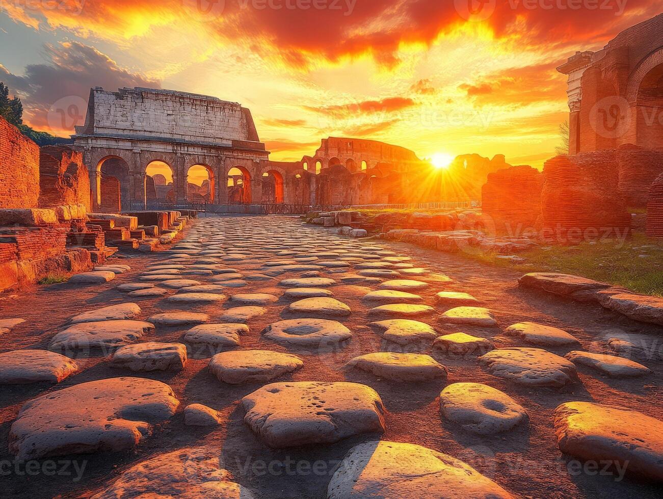 A stunning sunset over ancient ruins with a cobblestone path leading through history. photo