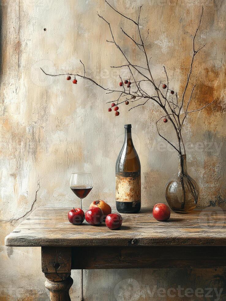 A rustic still life featuring wine, apples, and branches against a textured background. photo