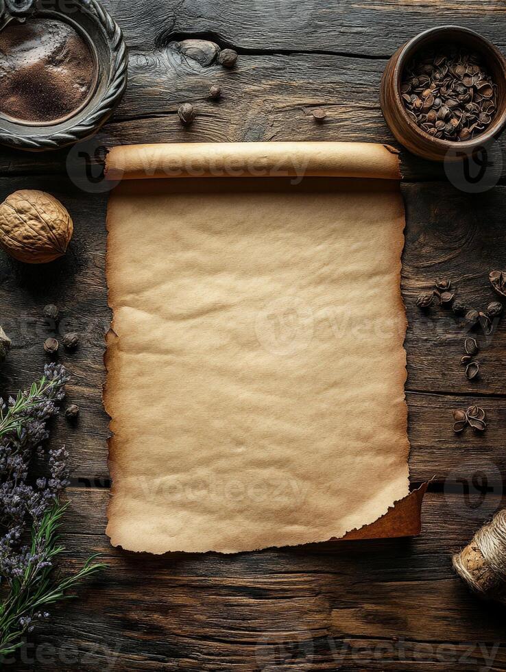 A rustic scene featuring an empty scroll, herbs, and coffee beans, suggesting creativity or notes. photo