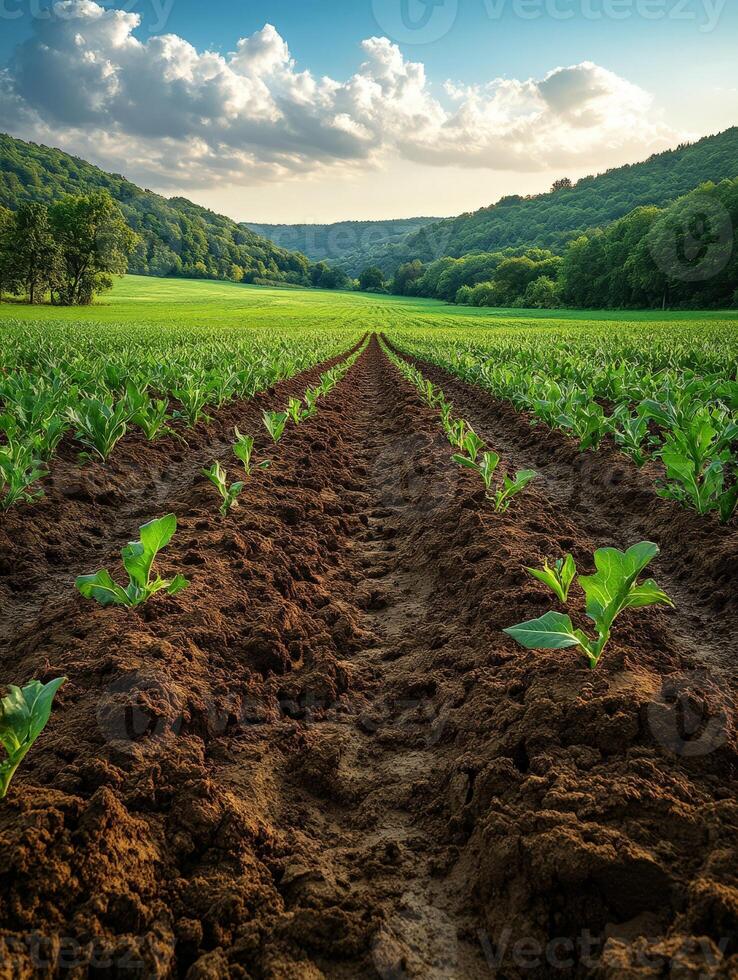 Lush green field with rows of young plants against a scenic backdrop of hills and clouds. photo