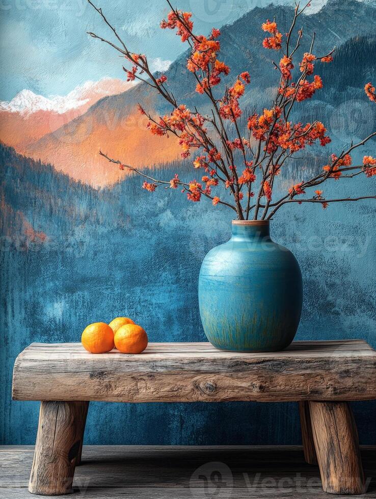 A serene still life featuring a blue vase with orange flowers and fruits on a rustic table. photo