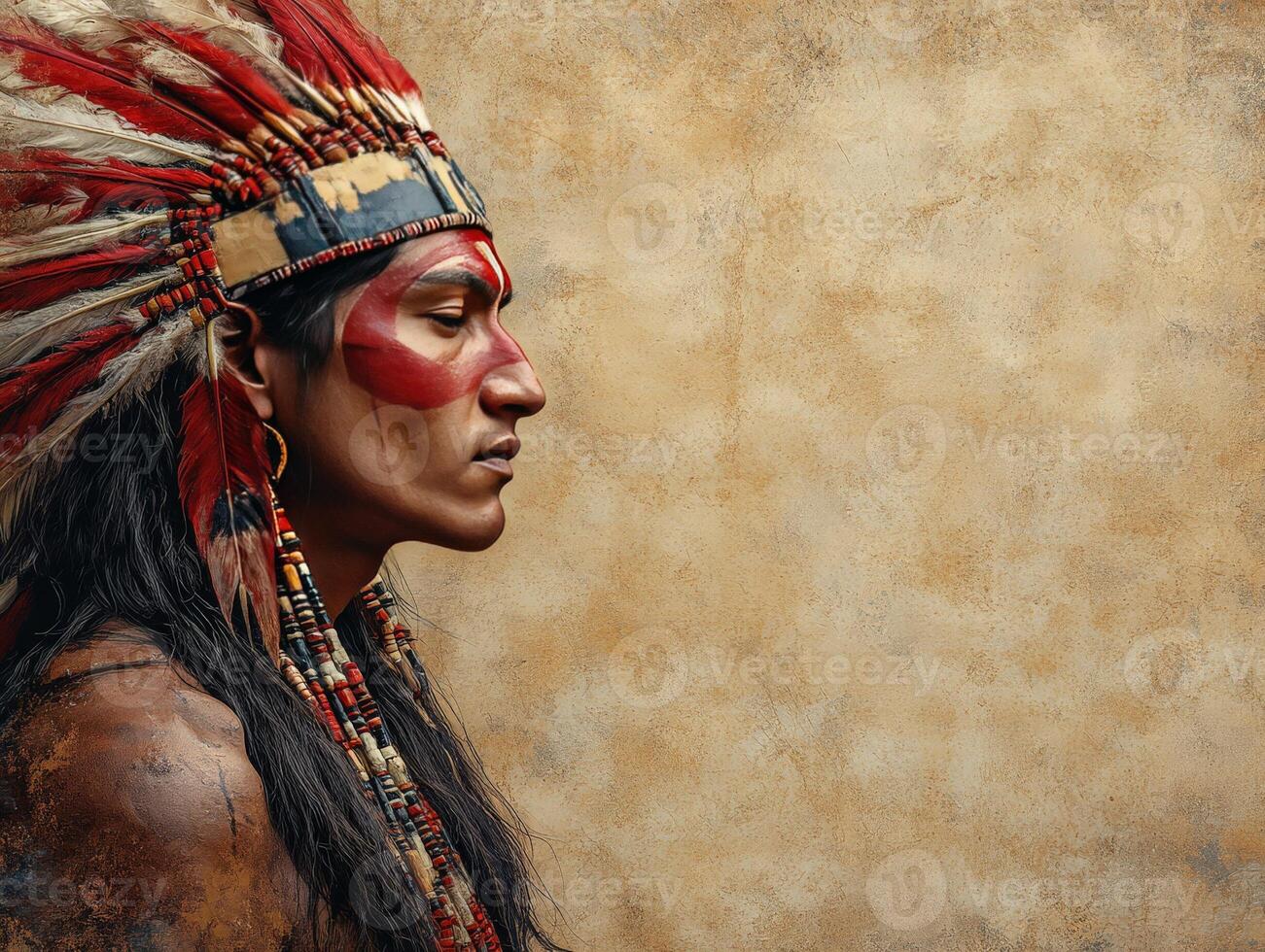 Profile of a Native American man adorned with traditional attire and feathered headdress. photo