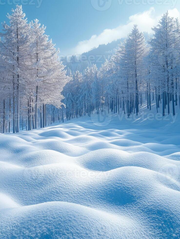 A serene winter landscape with snow-covered hills and frosted trees under a clear blue sky. photo