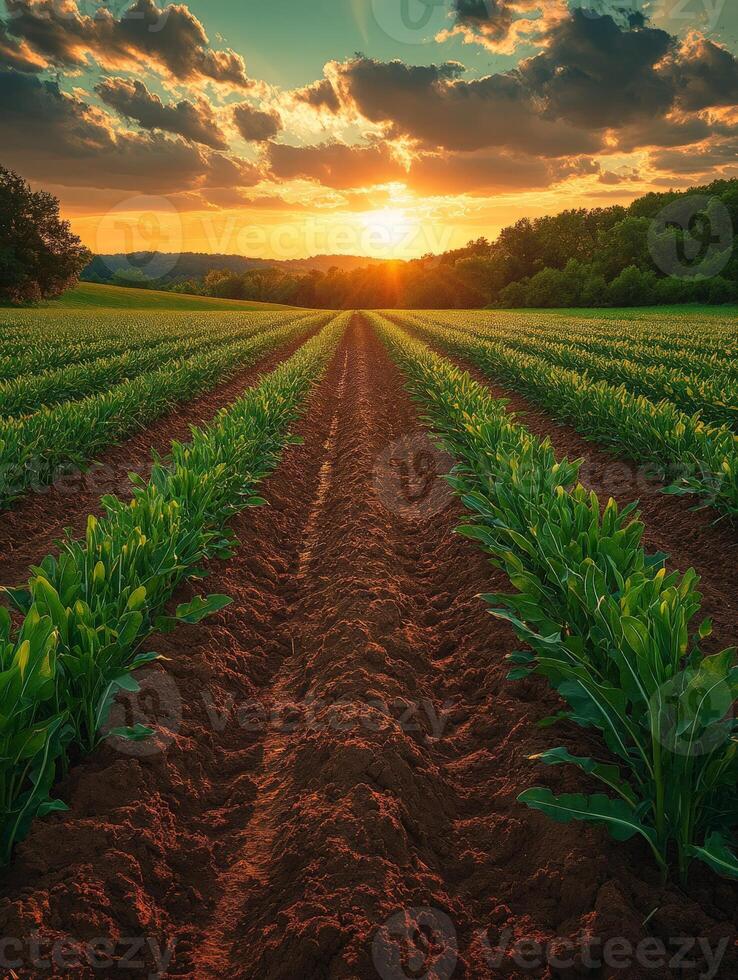 A serene sunset over a lush farm field with rows of crops and a vibrant sky. photo