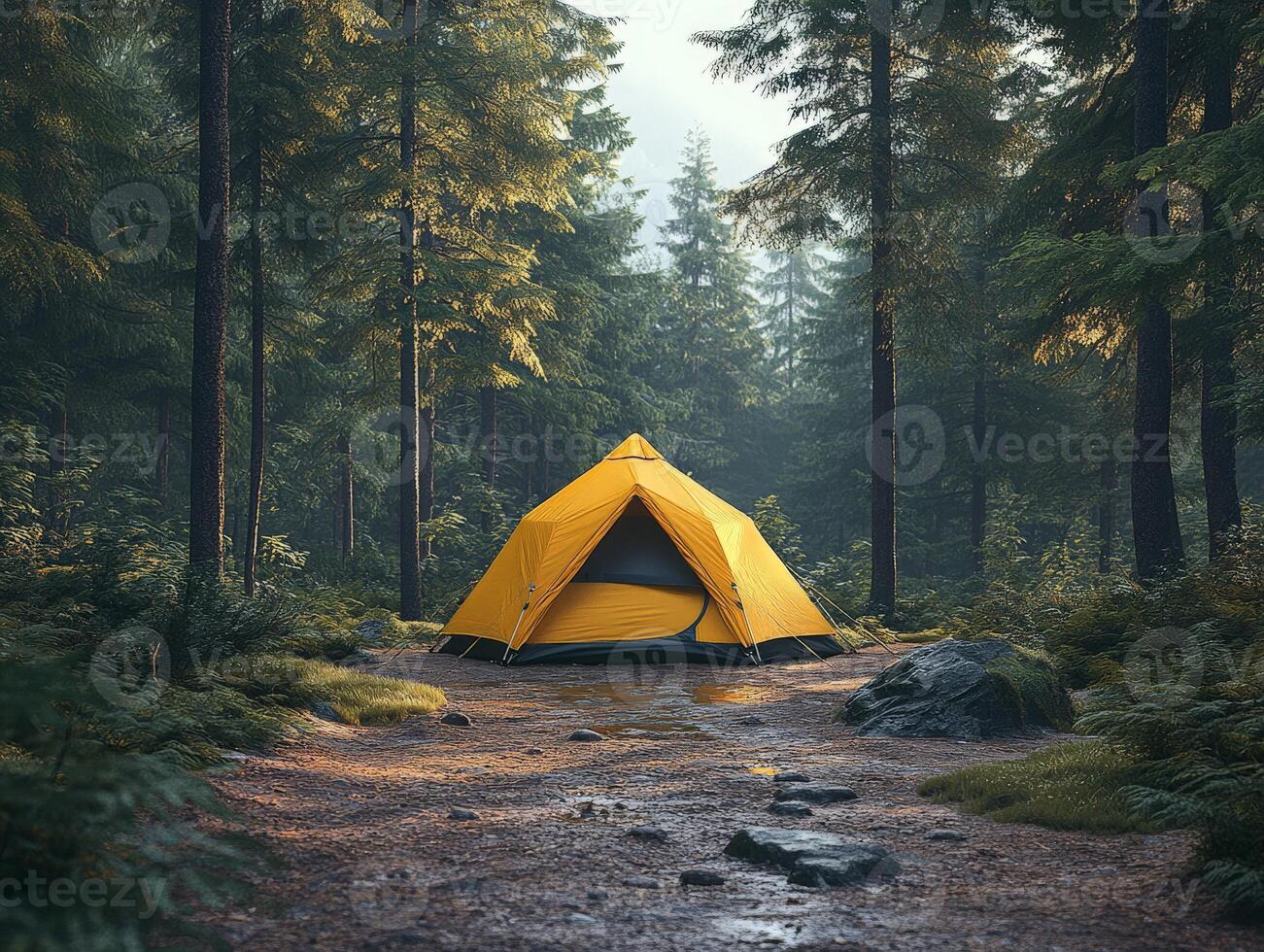 A yellow tent nestled in a serene forest, inviting outdoor adventure and relaxation. photo