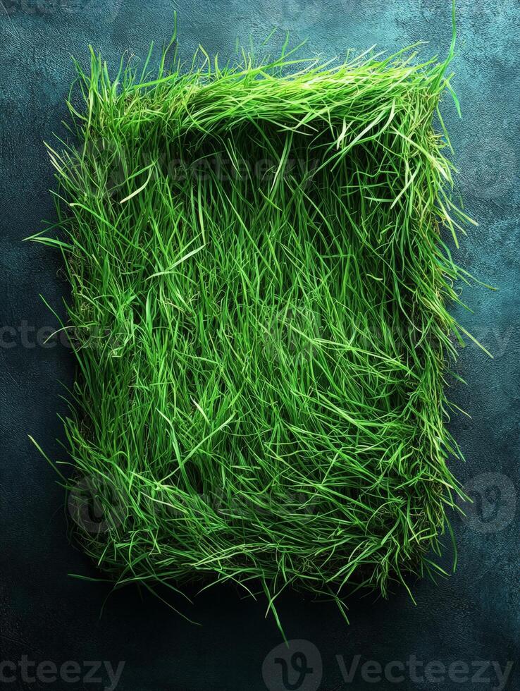 A rectangular patch of vibrant green grass on a textured dark background. photo