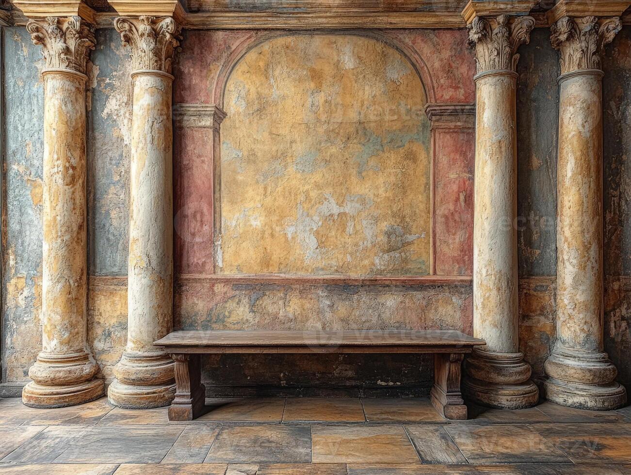 A rustic interior featuring ornate columns and a simple wooden table against a textured wall. photo