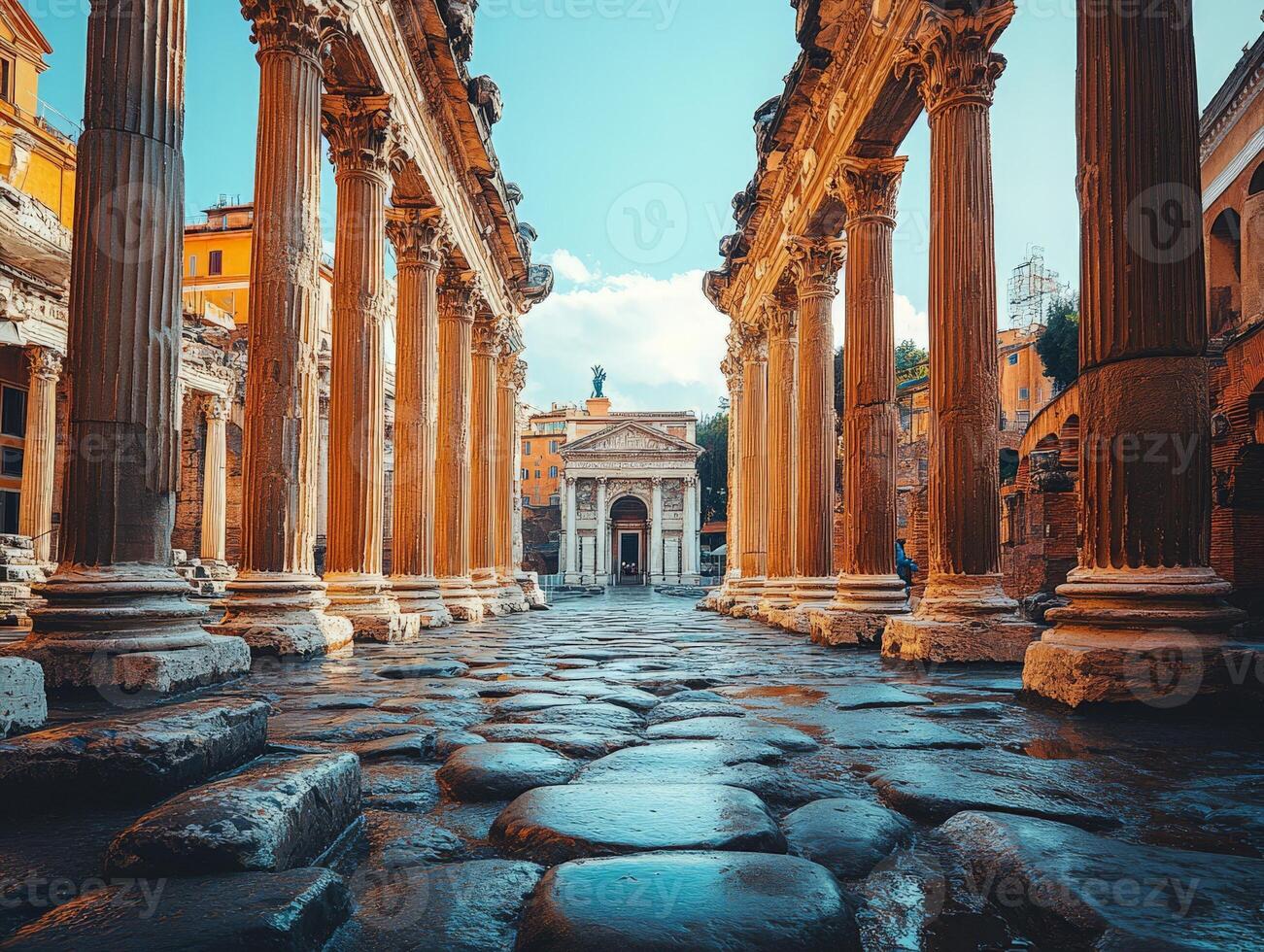 Ancient Roman ruins with towering columns and a view of a distant structure. photo