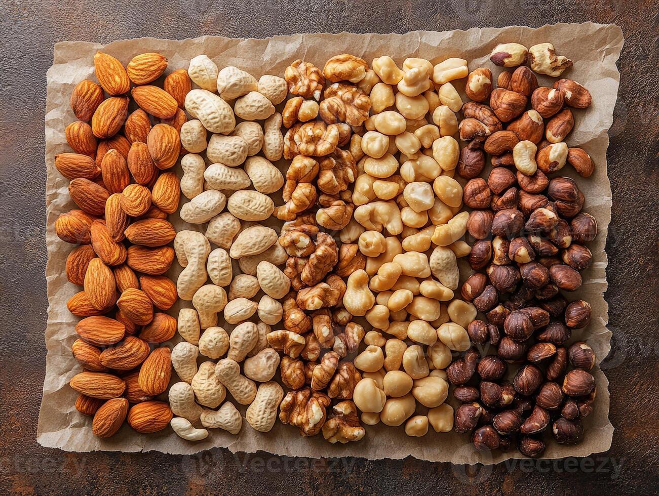 A variety of nuts arranged neatly on parchment paper for a healthy snack display. photo