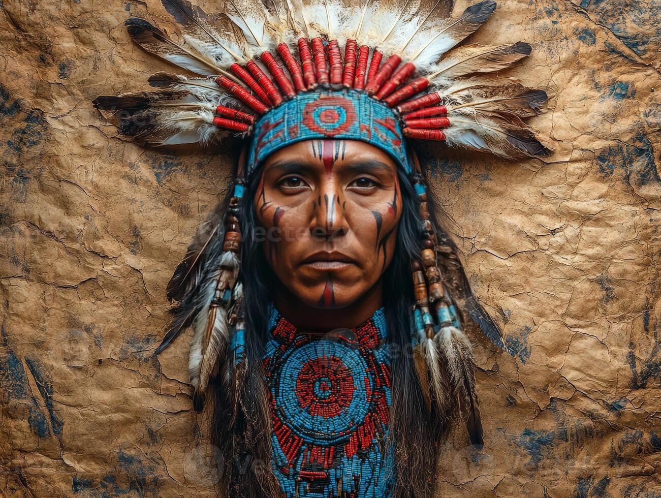 Portrait of a Native American man adorned with traditional attire and headdress. photo