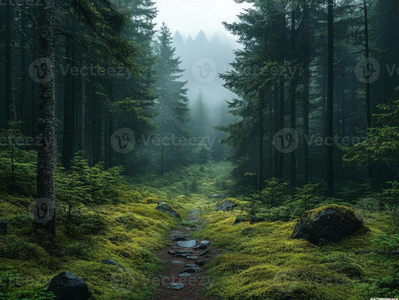 A serene forest path enveloped in mist and lush greenery. photo