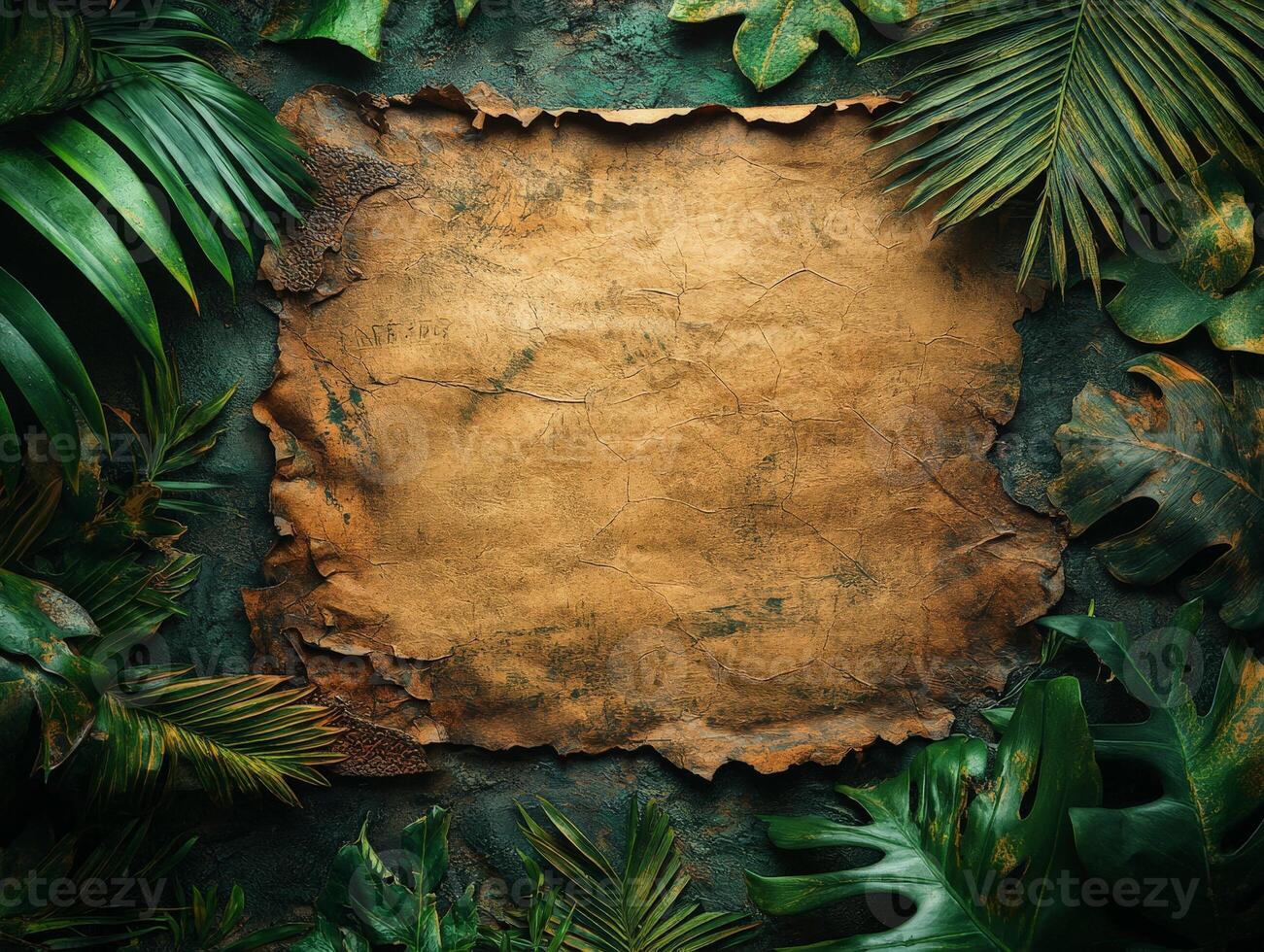 A textured parchment surrounded by lush green tropical leaves, ideal for a nature-themed design. photo
