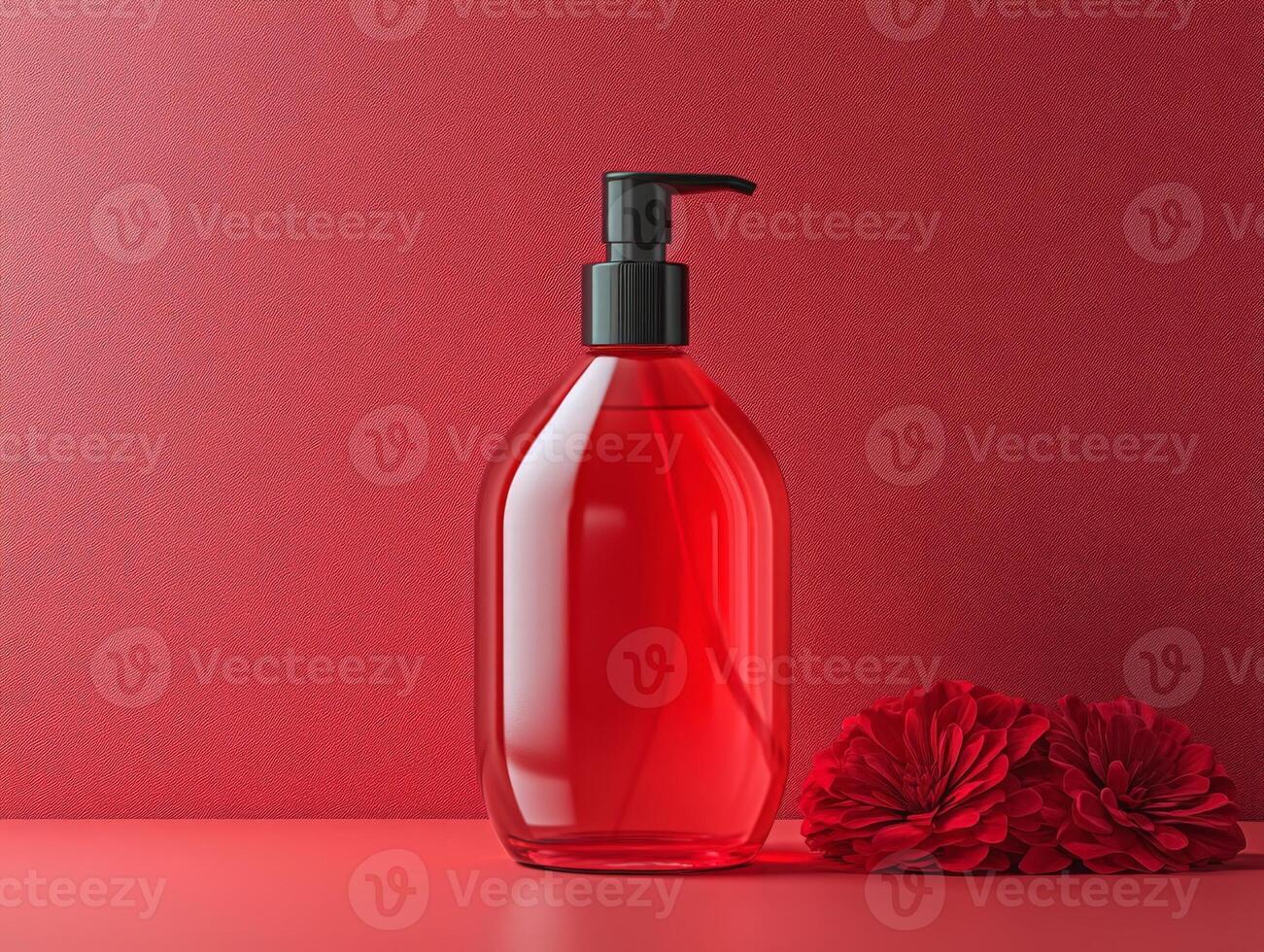 A red bottle of liquid soap beside vibrant red flowers against a matching background. photo