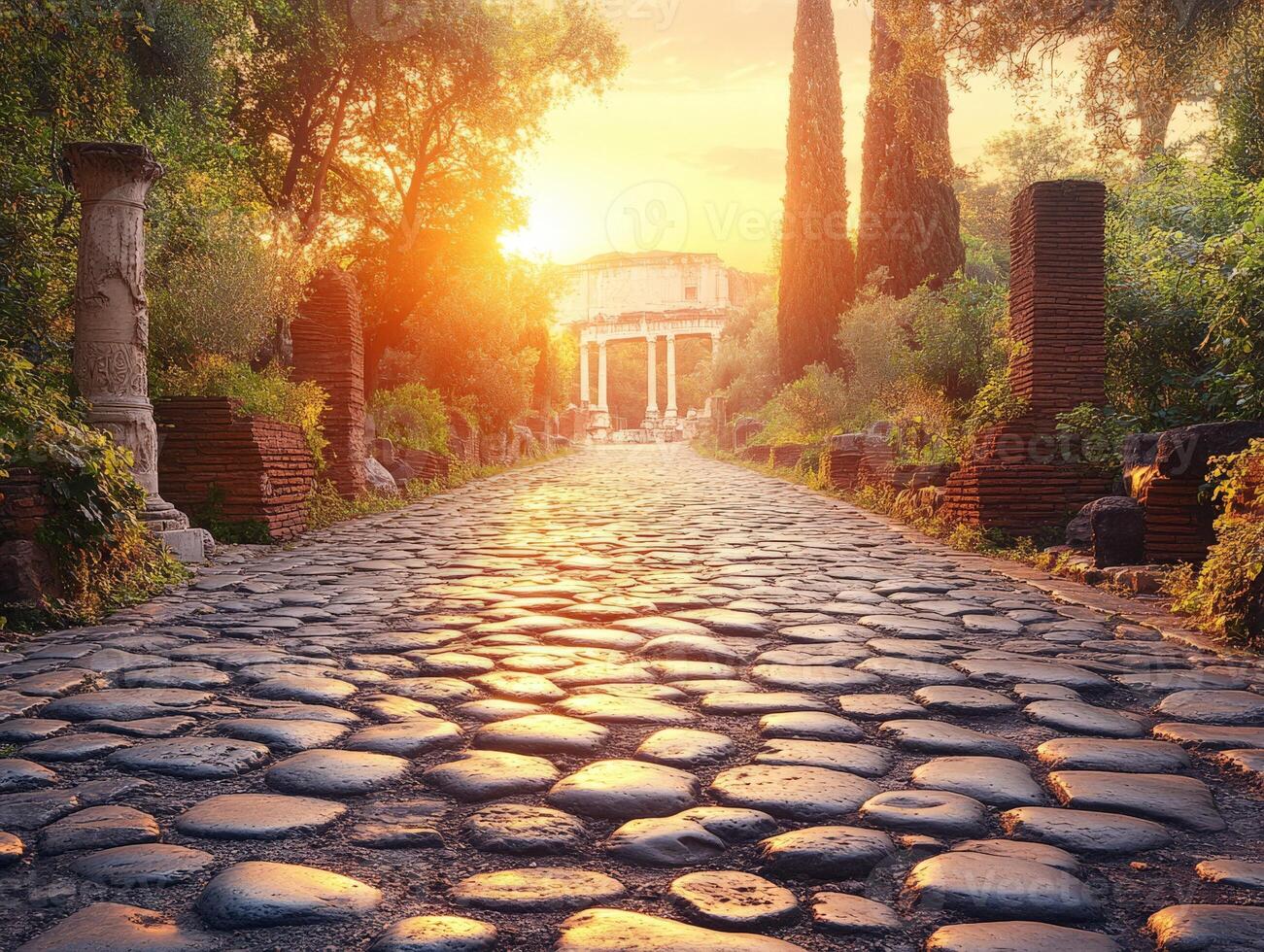 A sunlit cobblestone path leads to ancient ruins surrounded by lush greenery. photo
