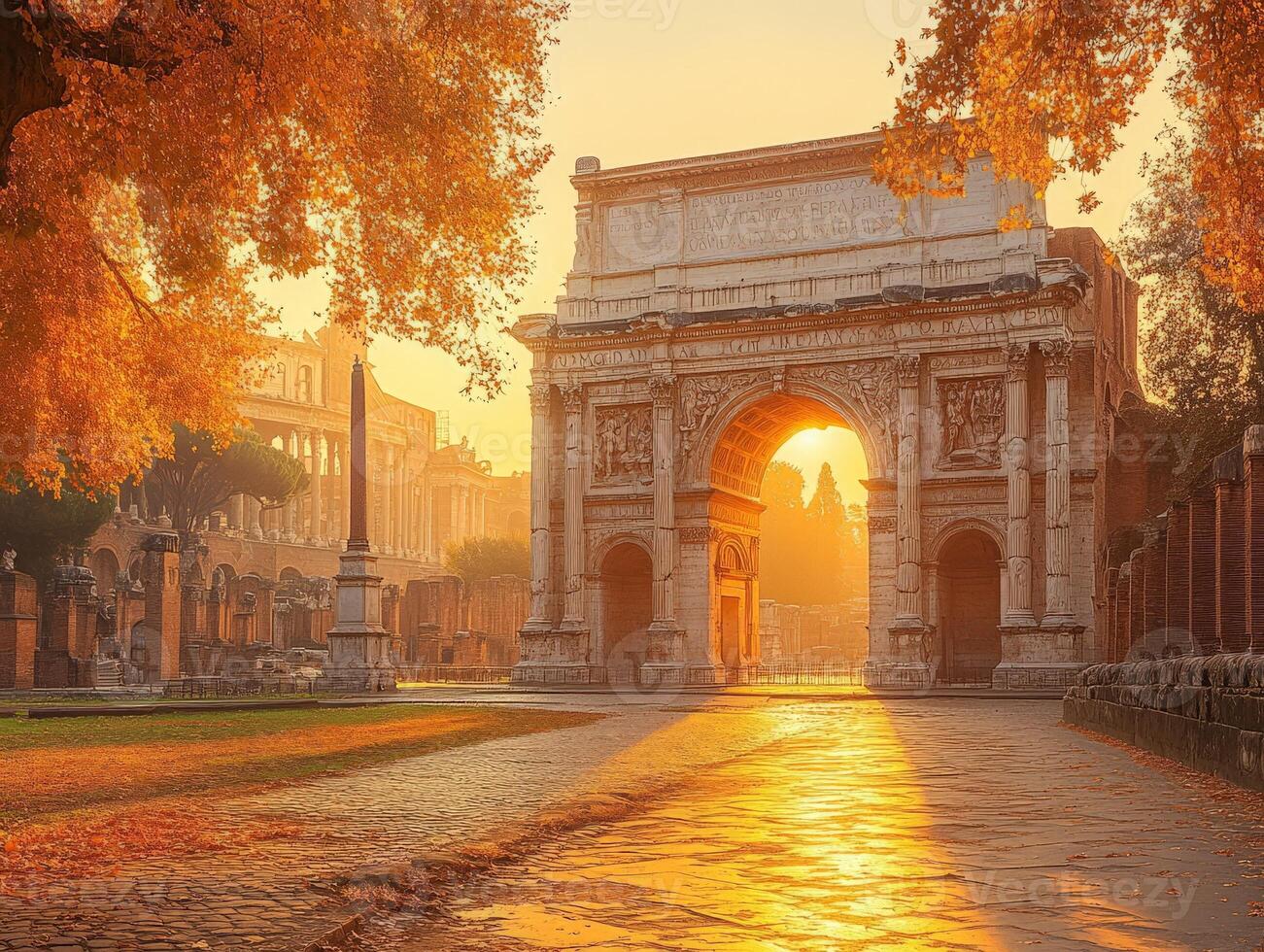 A golden sunrise illuminates the Arch of Constantine in Rome, surrounded by autumn foliage. photo