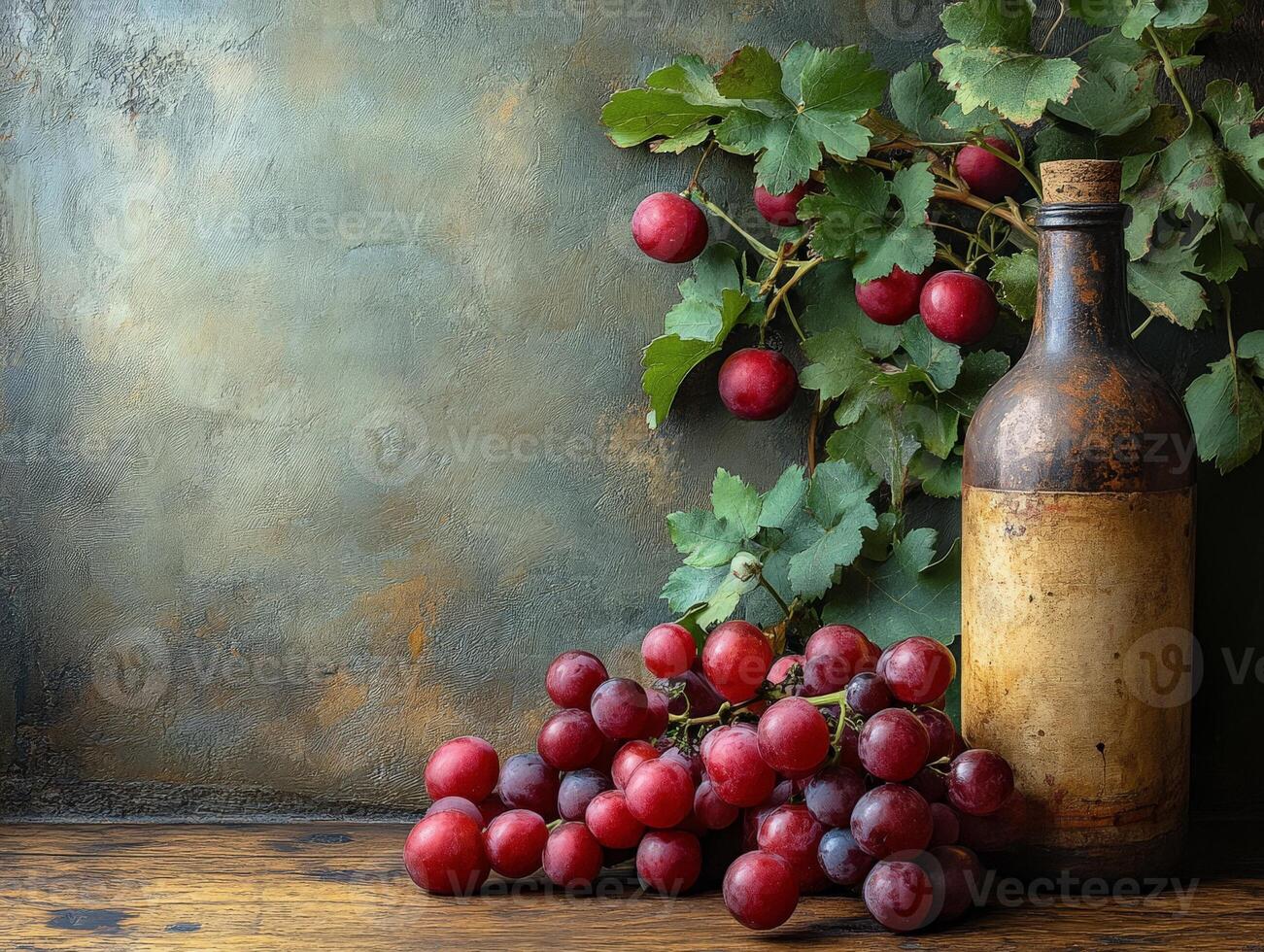 A rustic still life featuring grapes, a bottle, and leaves against a textured backdrop. photo