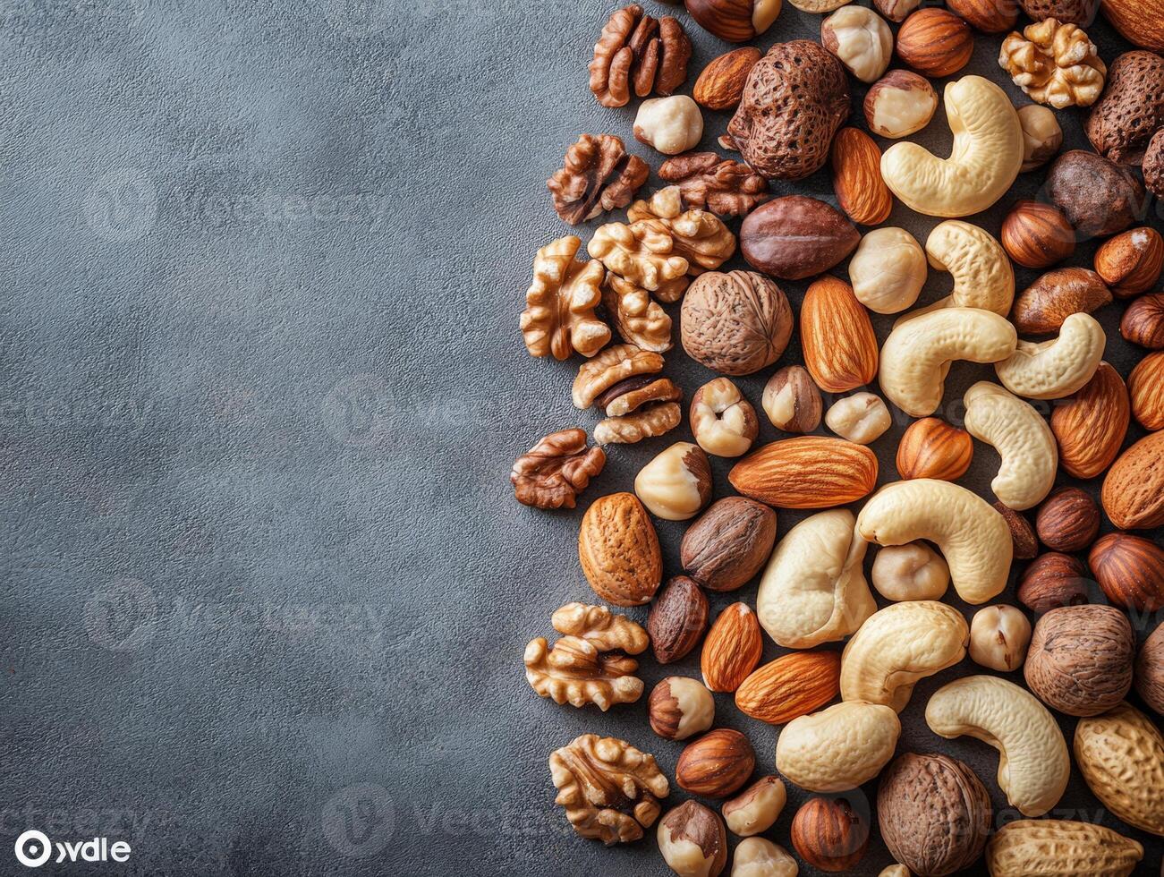 A variety of mixed nuts arranged on a textured surface, showcasing their natural colors and shapes. photo