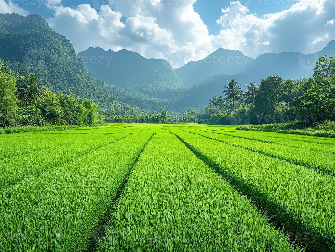 Lush green rice fields surrounded by mountains under a blue sky with clouds. photo