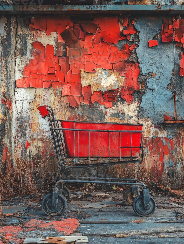 A weathered shopping cart stands against a peeling red and gray wall, evoking urban decay. photo