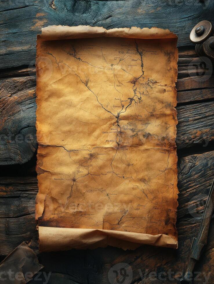 An aged, crumpled parchment on a wooden surface, suggesting an ancient map or document. photo