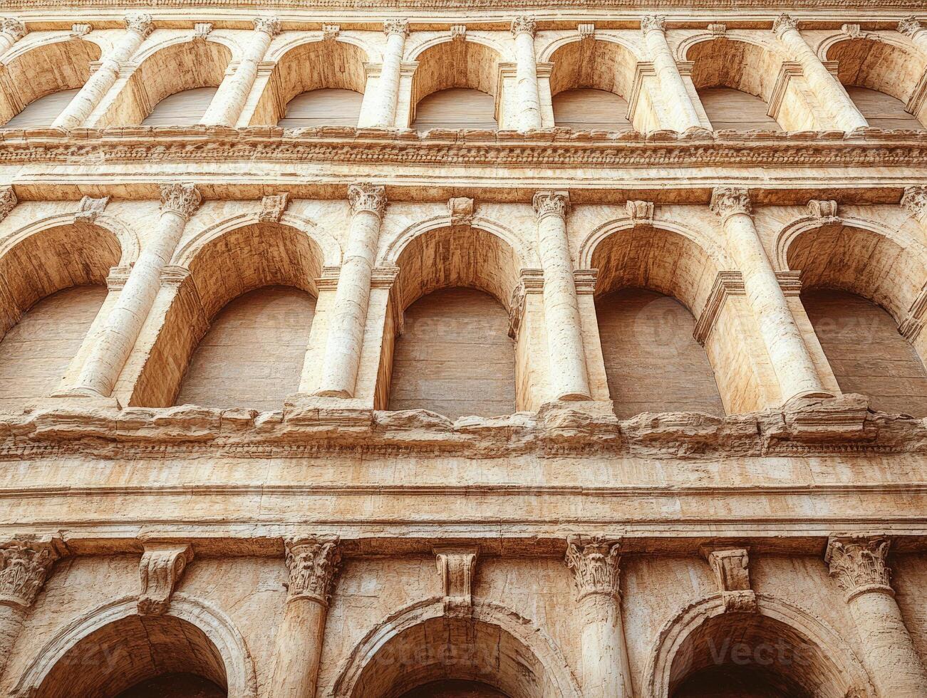 Detailed view of the Colosseum's arches, showcasing ancient Roman architecture. photo