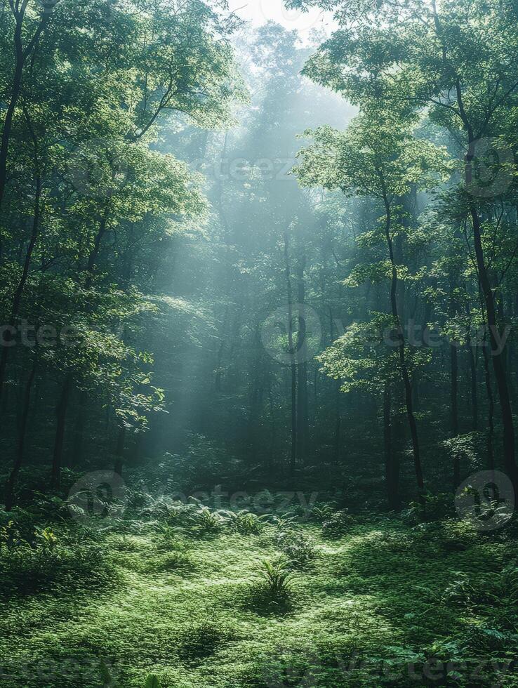 A serene forest scene with sunlight filtering through trees onto lush greenery. photo