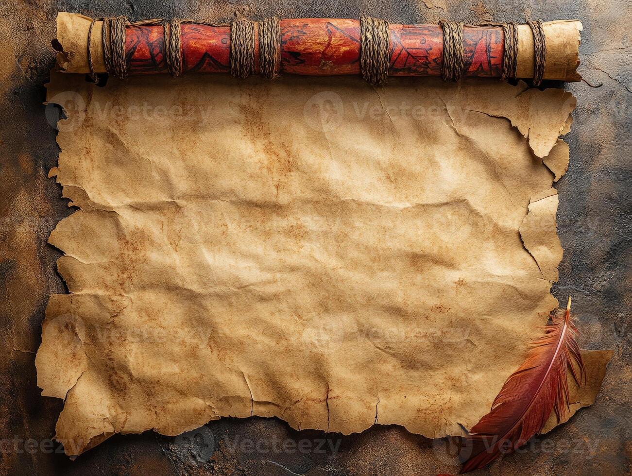 An old, rolled parchment with a feather, suitable for writing or artistic purposes. photo