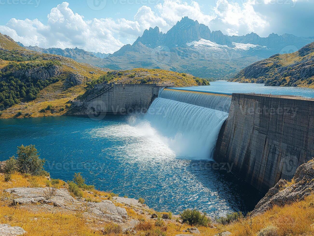 Scenic view of a dam releasing water, surrounded by mountains and greenery. photo