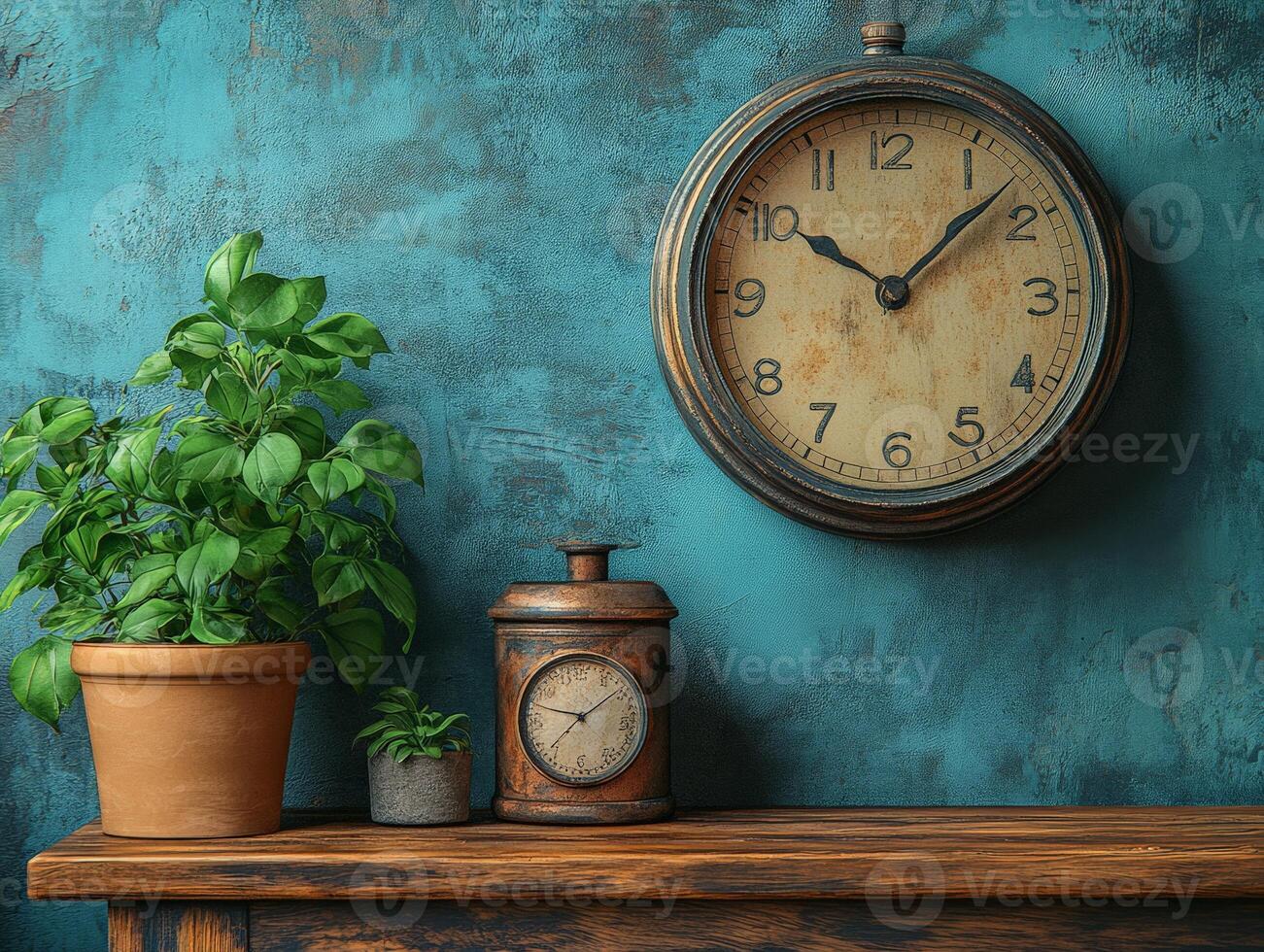 A rustic clock and potted plants on a wooden shelf against a textured teal wall. photo