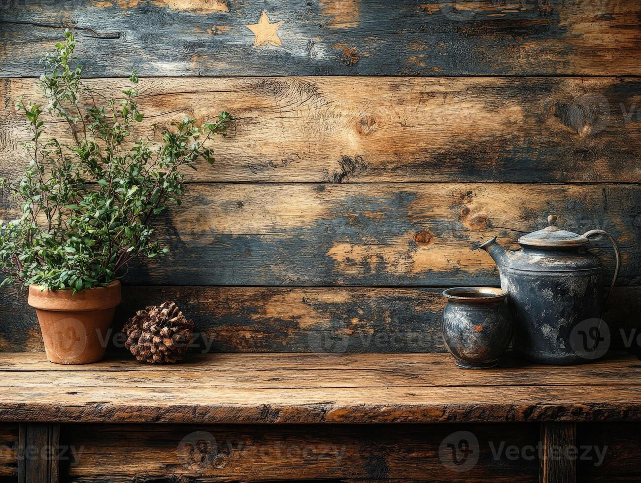 A rustic wooden shelf featuring a potted plant, a pinecone, and an antique teapot. photo