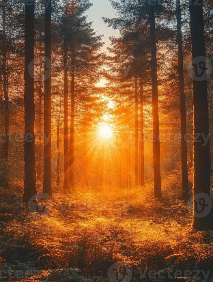 A serene forest scene at sunset, with sunlight filtering through tall trees and ferns. photo