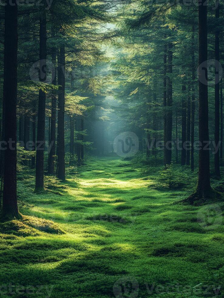 A serene forest path illuminated by soft light, showcasing lush greenery and tranquility. photo