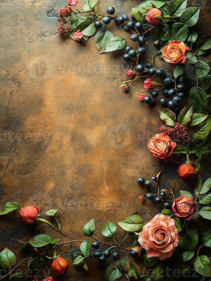 A floral arrangement featuring roses and berries on a textured background. photo
