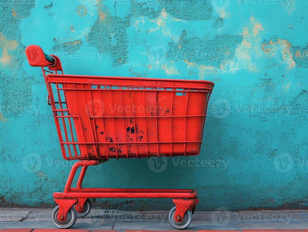 A red shopping cart against a textured turquoise wall. photo