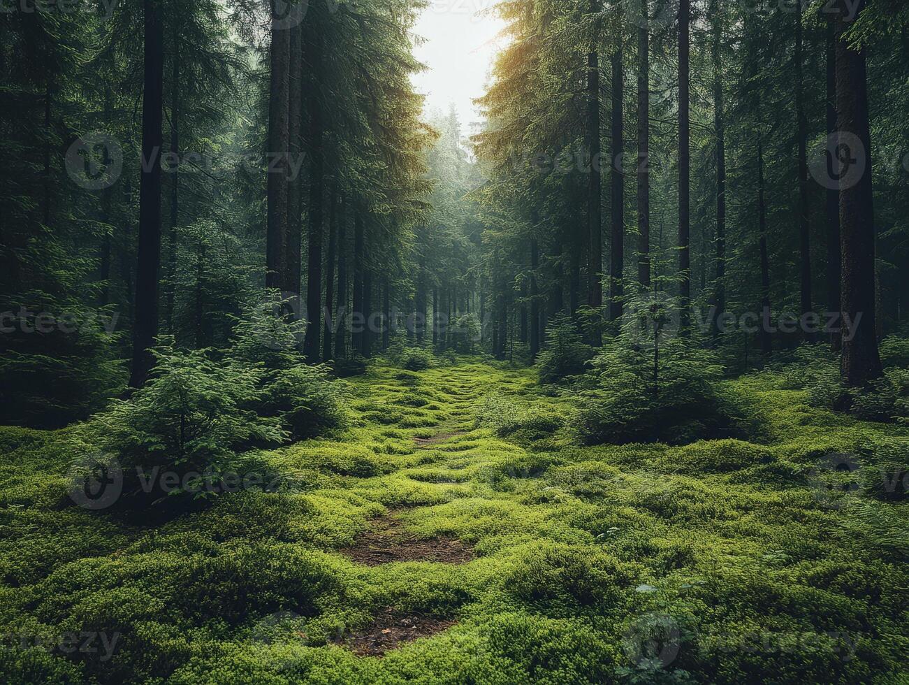 A serene forest path surrounded by lush greenery and tall trees, inviting exploration. photo