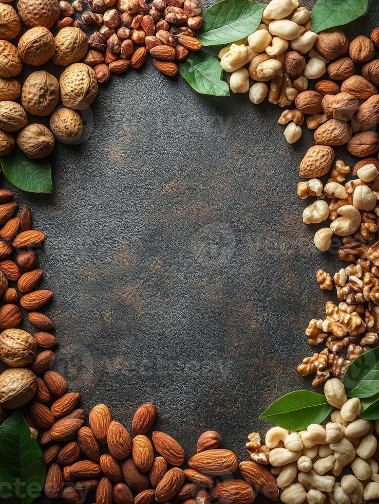 A variety of nuts and popcorn arranged artistically with leaves on a textured surface. photo