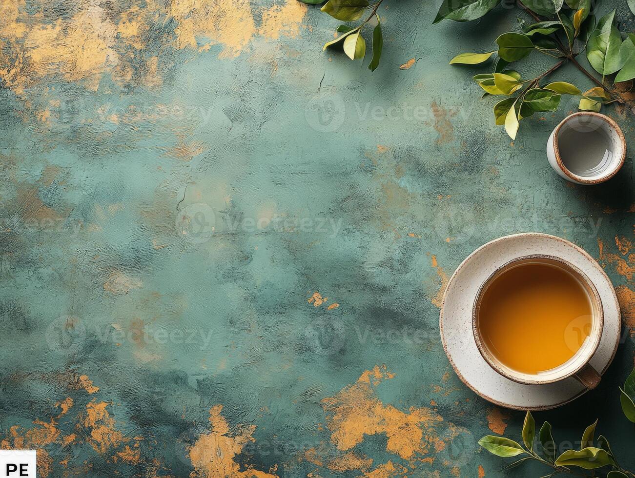 A serene tea scene featuring a cup of tea and leaves on a textured surface. photo