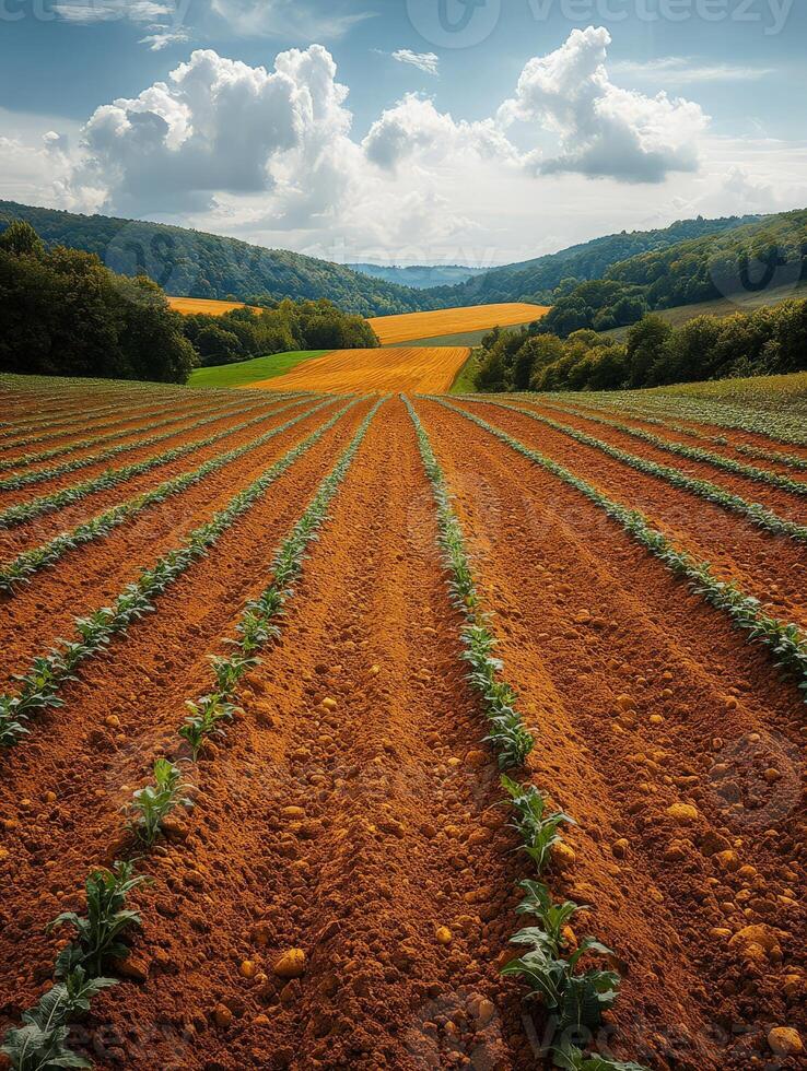 A scenic view of cultivated fields with rows of plants under a cloudy sky. photo