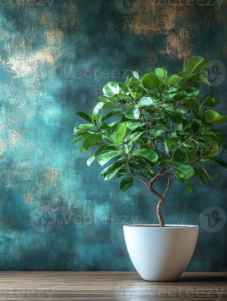 A potted plant with glossy leaves against a textured teal wall, adding a natural touch. photo