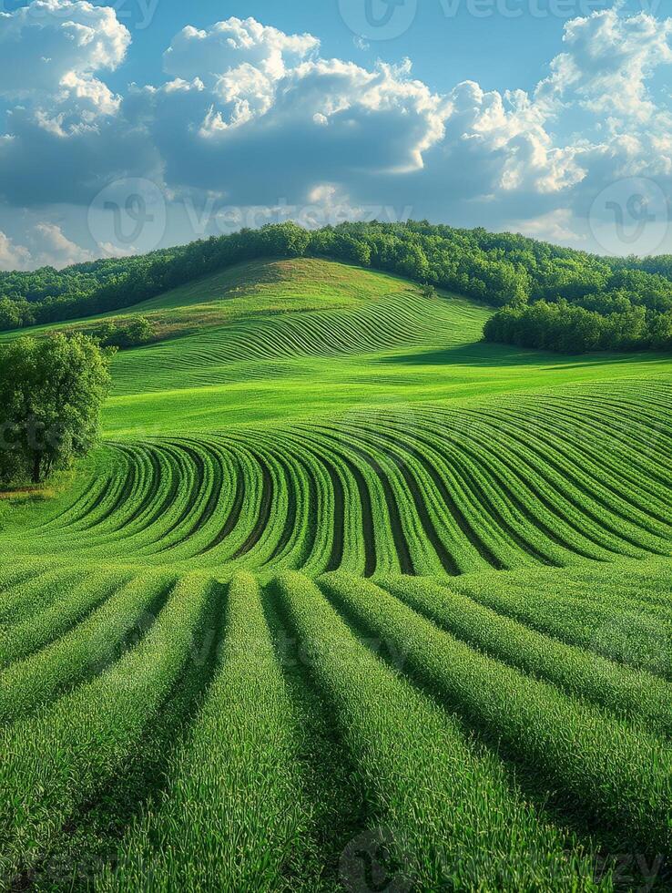 Lush green hills with wavy crop lines under a bright blue sky and fluffy clouds. photo