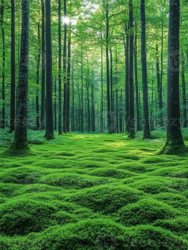 A serene forest scene with lush green moss and tall trees, creating a tranquil atmosphere. photo