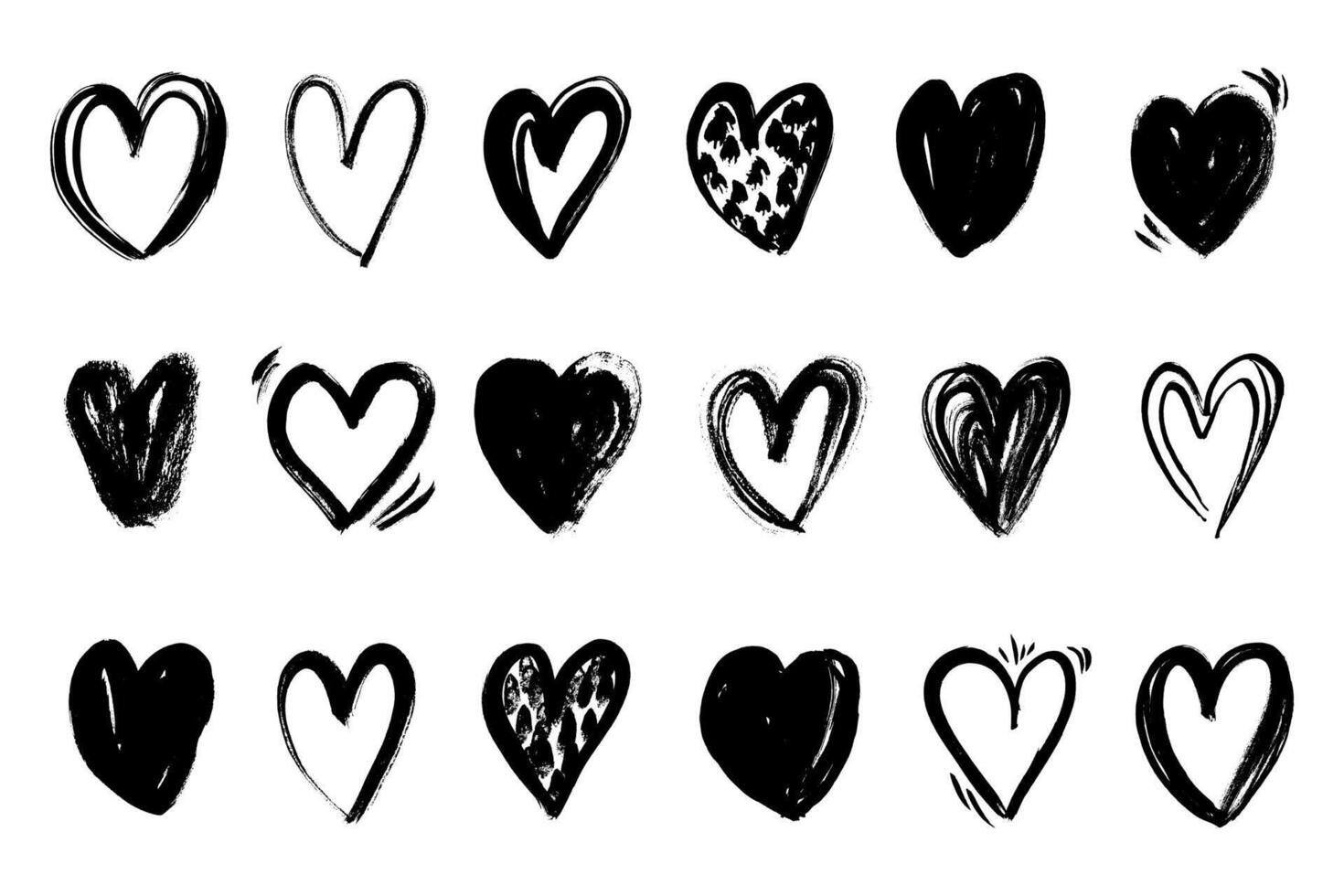 Grunge hearts icons. Scribble ink grunge heart shapes. Hearts icons set hand draw with markers vector