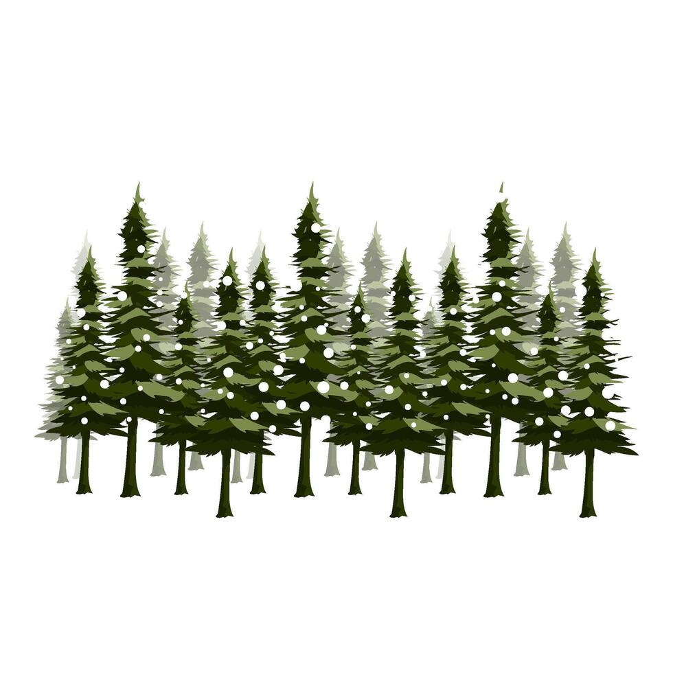 Green Pine Tree Forest With Falling Snow Illustration vector