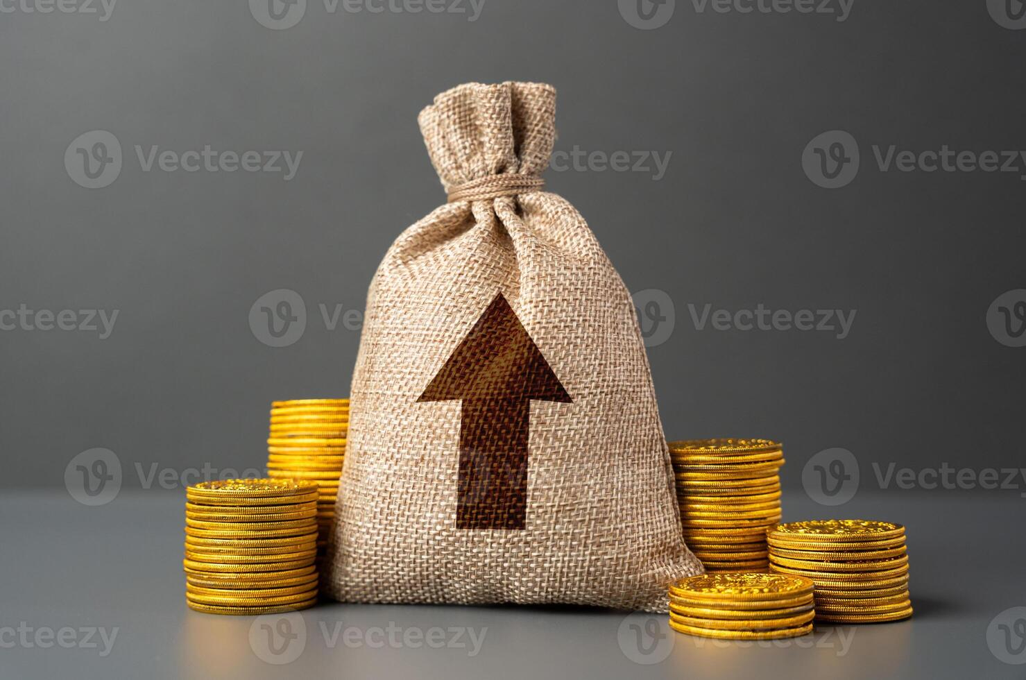 Money bag with up arrow. Rise of profits. Increase in the deposit rate. Inflation acceleration. Investments. Increase income and business efficiency. Economic growth, GDP. photo