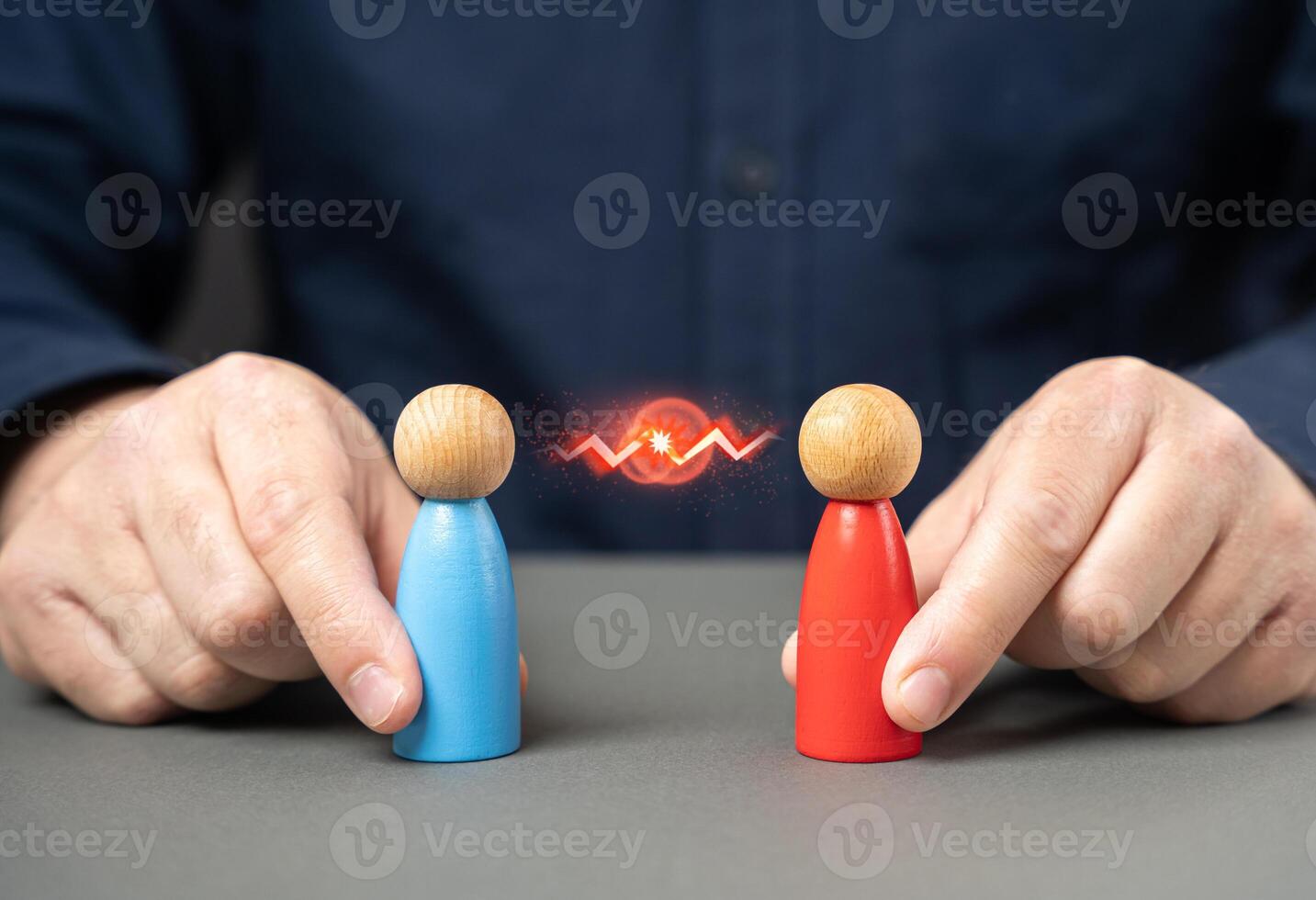 Conflict between people. Managed conflict and confrontation. Search for a compromise. Dispute resolution of opposing sides. Mediation of conflicting parties. photo