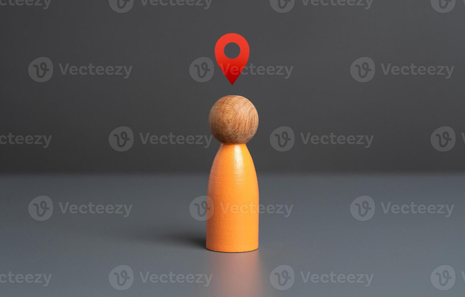 Person's location. Geolocation sign above head. Tracking and tracking people. Reveal your geolocation. Online dating. Tourism and interesting places nearby. photo