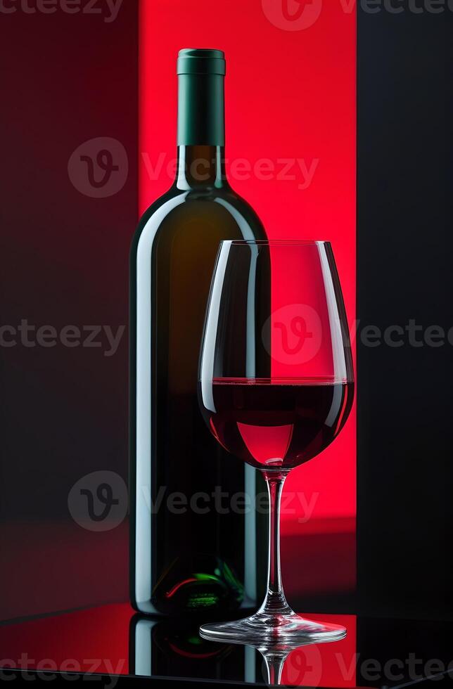 Still life of a wine bottle and a glass of red wine. The composition is made on a bright background with a gradient of rich red and black colors, which creates a dramatic and elegant atmosphere. photo