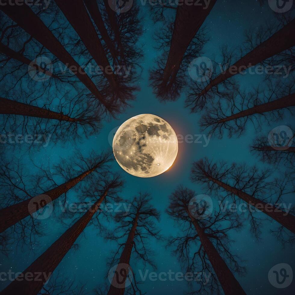Tall, slender trees with bare branches stretch upwards straight towards the bright moon in the night sky. photo